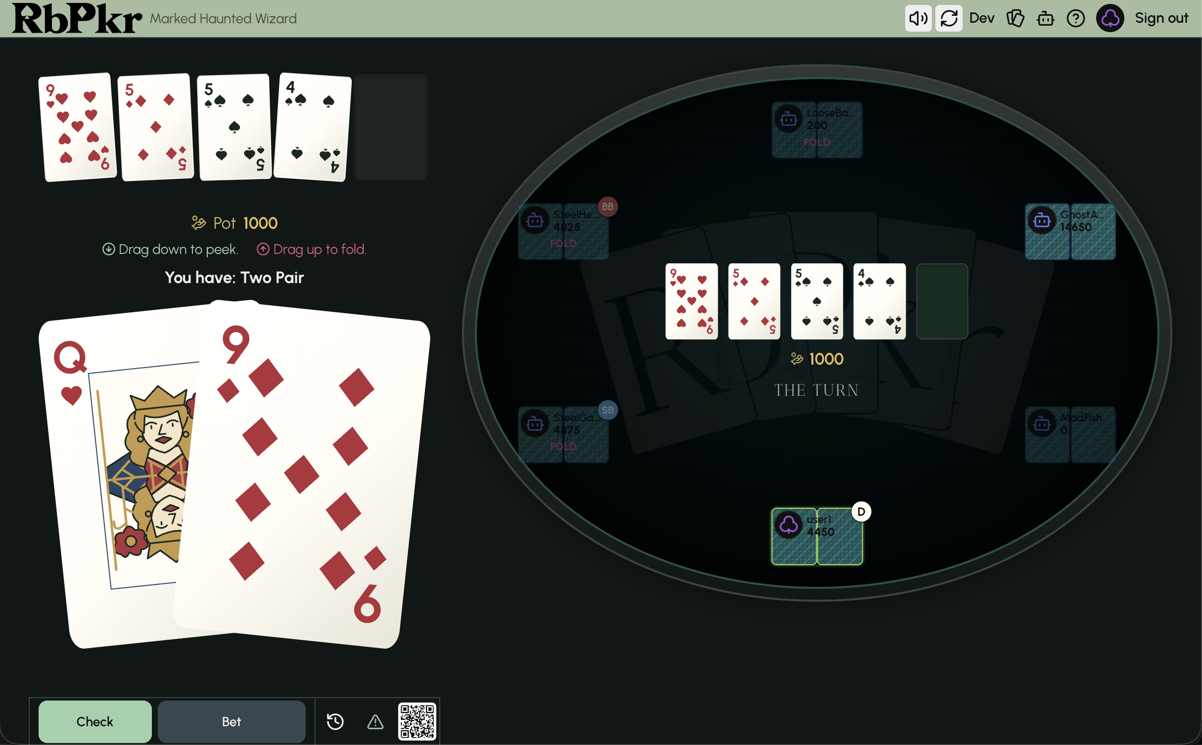 A hand in progress against bots on RbPkr