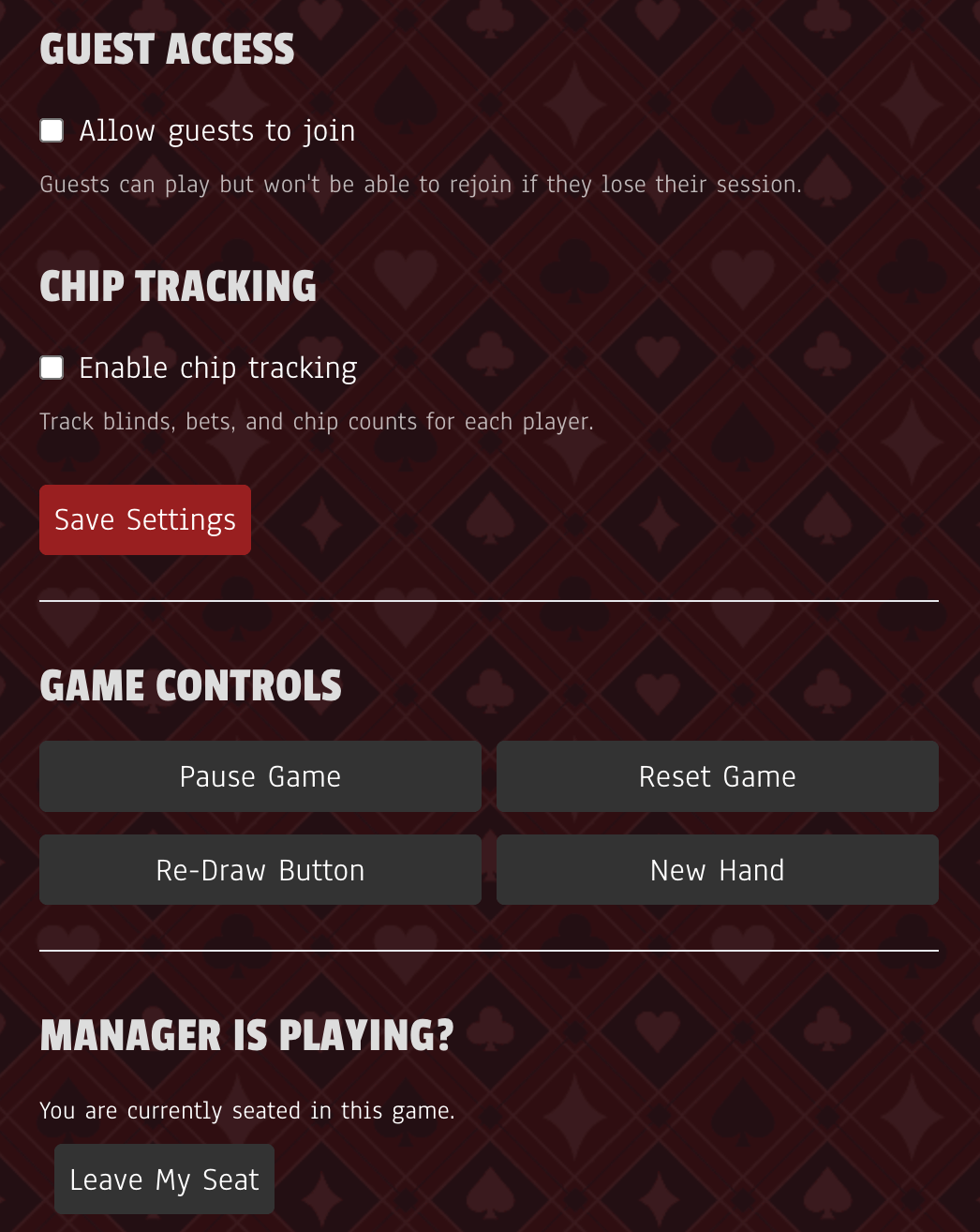 Game setup options
