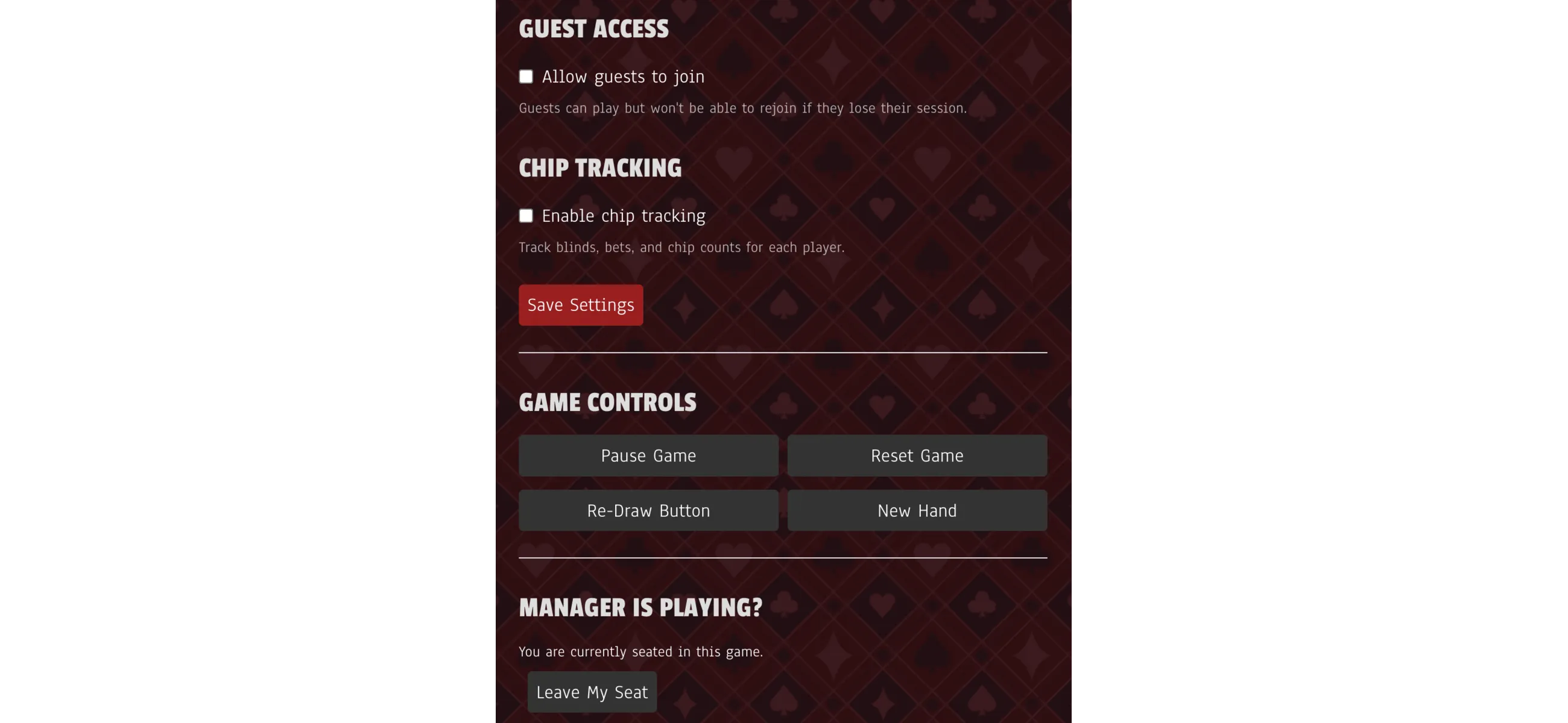 Game setup options